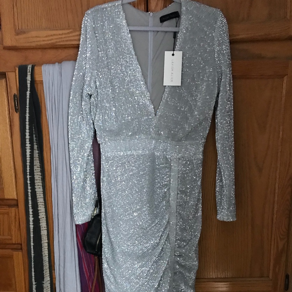 Lavish Alice silver iridescent sequin midi dress